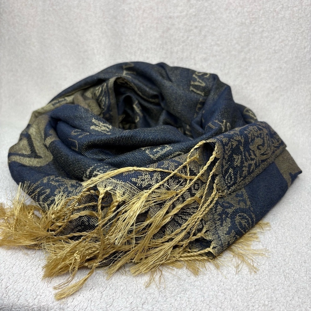 Cashmere Jerusalem Fringe Women’s Scarf Dark Gray & Tan 68” x 26” Shawl 100% EUC - Picture 2 of 5